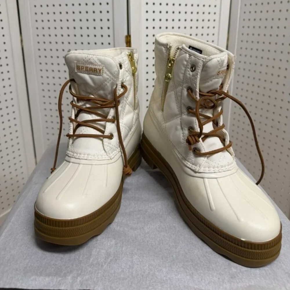 Sperry Saltwater 2.0 Waterproof Duck Boot Womens 12 White Brown Warm Worker Shoe